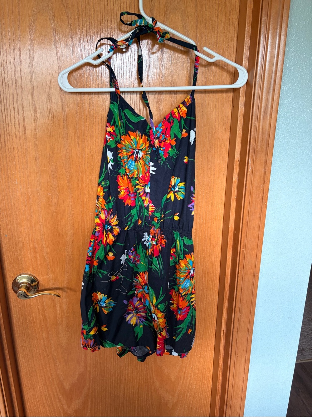Floral Halter Romper - Blue with Multicolor Bloom